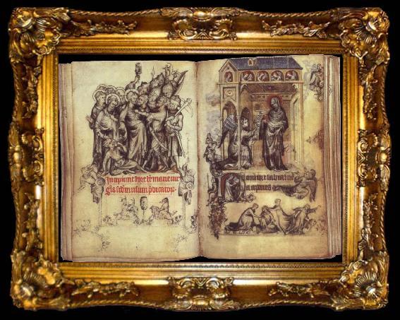 framed  Jean Pucelle The Betrayal of Christ and Annunciation,from the Hours of Jeanne d-Evreux, ta009-2